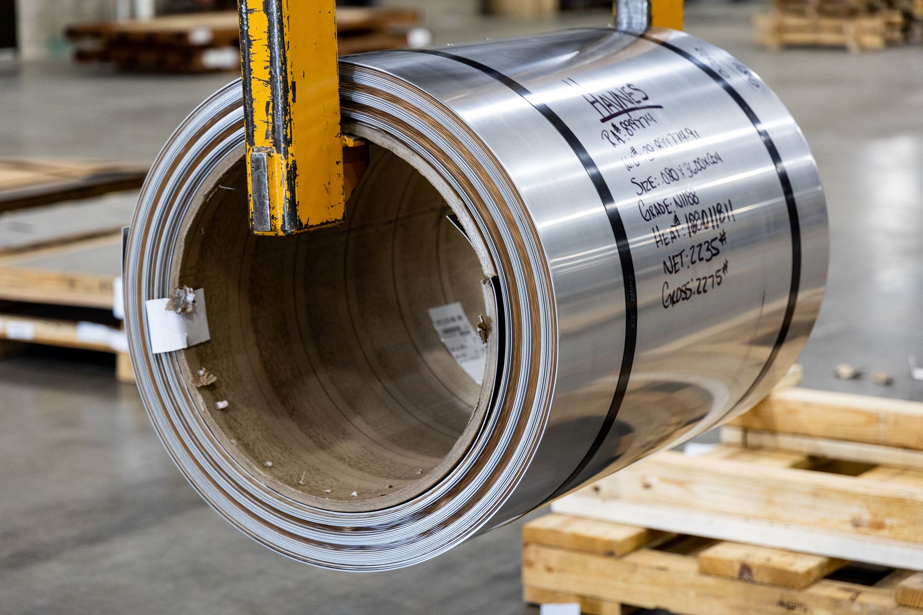 Finished steel coil in an industrial warehouse